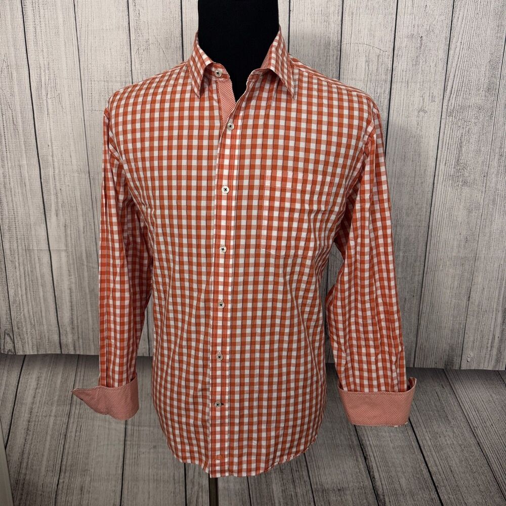 Johnston & Murphy Men's XL Orange Check Tailored Contrast Cuff Button-Down Shirt